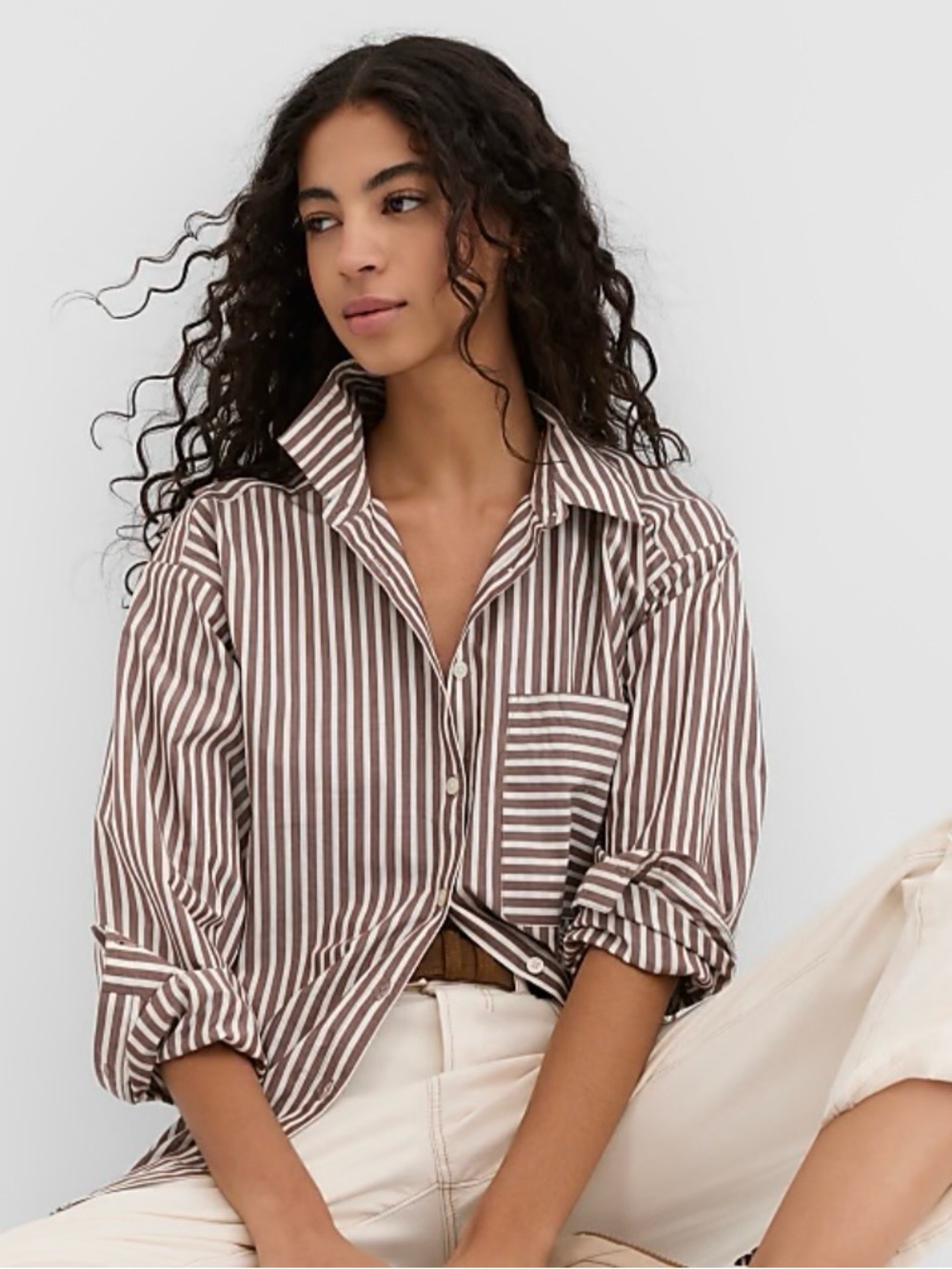 Relaxed Poplin Brown & White Striped Tomboy Baggy  Shirt size L